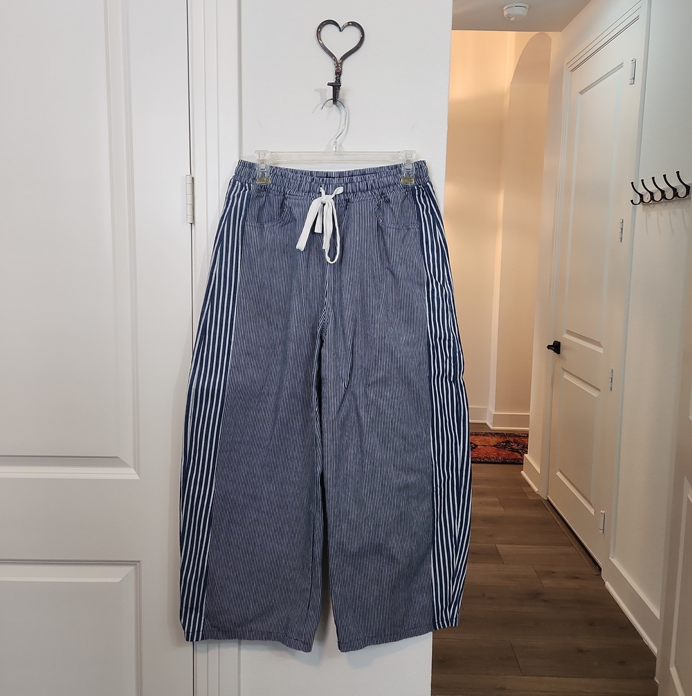 Ladies Blue Striped Drawstring Denim Casual Pants